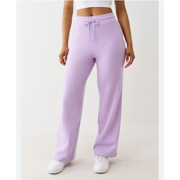 True Religion Crystal Horseshoe Flare Wide Leg Lavender Sweatpants XL NWT - Picture 1 of 10